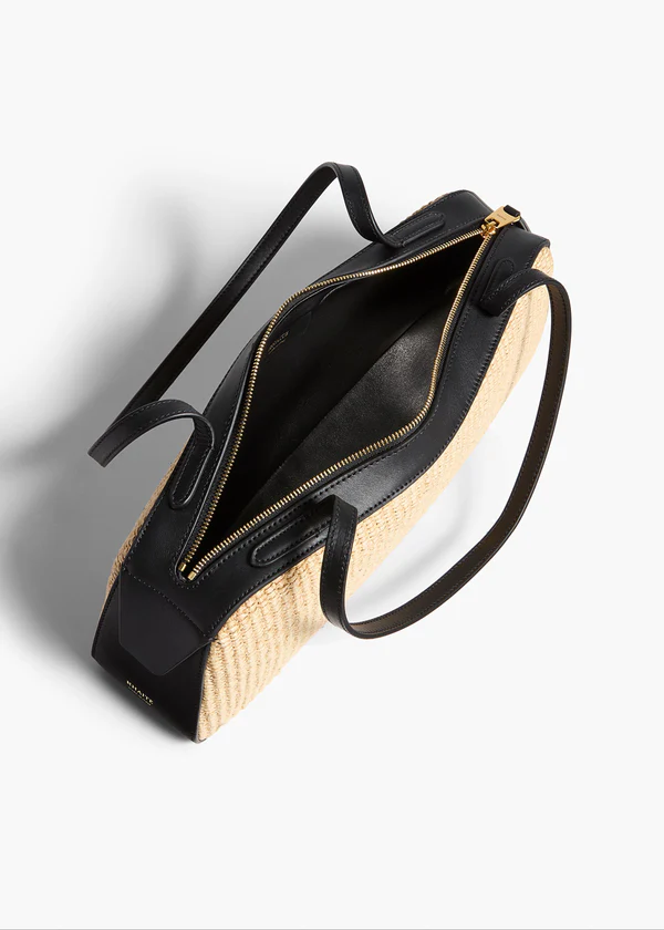 Simona Shoulder Bag in Natural Raffia with Black Leather OVERHEAD VIEW